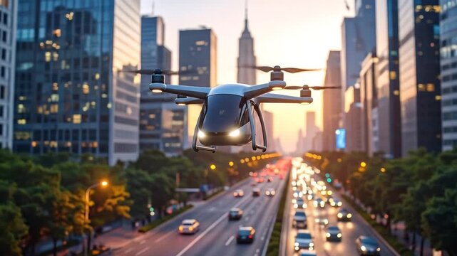Futuristic Drone Taxi Over Busy City Road with Dawn Commute, and Urban Air Mobility Concept.