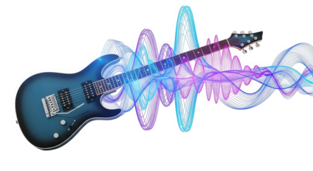Vibrant electric guitar with colorful sound wave emanating from it isolated on transparent background