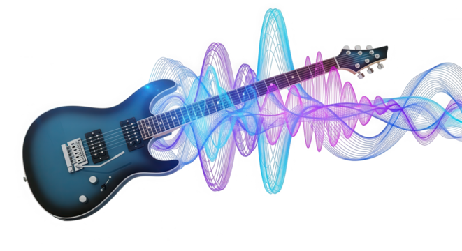 Vibrant electric guitar with colorful sound wave emanating from it isolated on transparent background