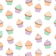 Repeating pattern of colorful cupcakes, perfect for food blogs, party invitations, or bakery advertisements, versatile and eyecatching design.