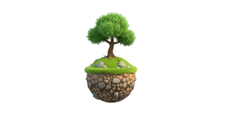 Whimsical miniature floating island with lush green tree and stone base isolated on transparent background
