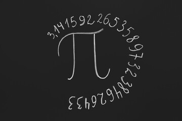 Number Pi written on black chalkboard in classroom