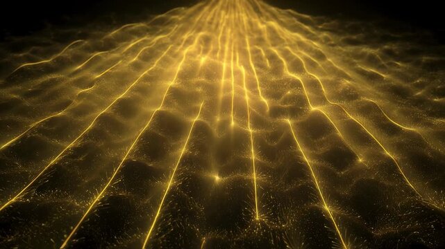 Abstract representation of dry skin microfissures radiating warm yellow beams symbolizing repetitive itch stimulus and eczema flareup feedback loop.