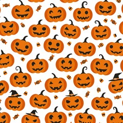 Halloween seamless pattern with pumpkins and candy, perfect for stationery, fabric, packaging, and party decorations with a festive touch.