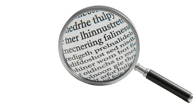 Magnifying glass focused on text revealing magnified words and phrases isolated on transparent background