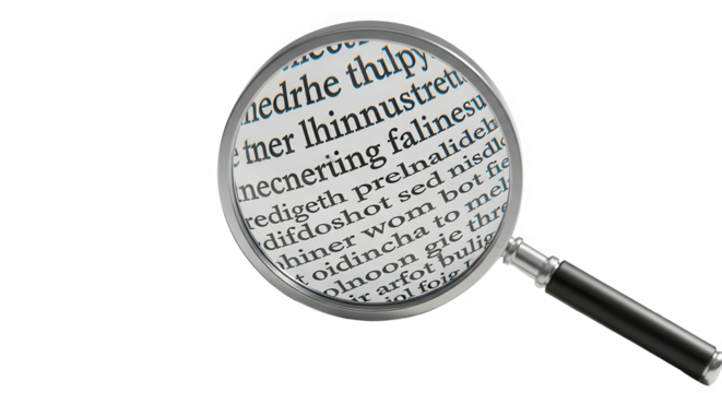 Magnifying glass focused on text revealing magnified words and phrases isolated on transparent background
