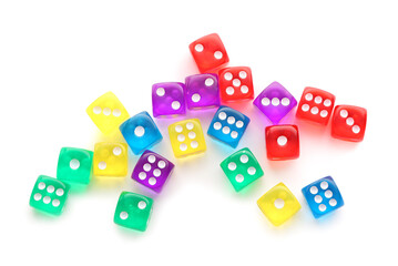 Many colorful game dices on white background