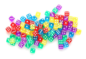 Many colorful game dices on white background