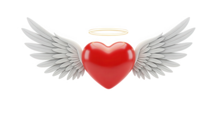 A glossy red heart with white feathered wings and a golden halo isolated on transparent background