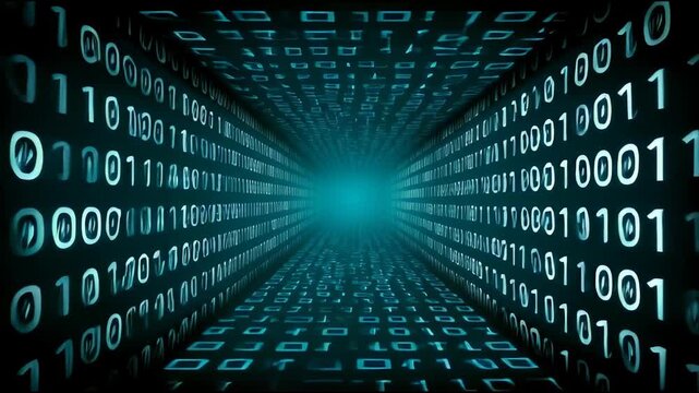Binary code tunnel glowing blue digits forming futuristic digital data stream representing technology and virtual information flow within advanced data systems and digital networks