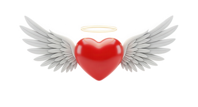 A glossy red heart with white feathered wings and a golden halo isolated on transparent background