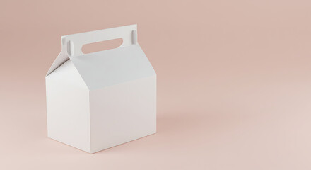 White cardboard takeaway box mockup with a handle for branding. Blank food or gift packaging container on a pastel background with copy space.