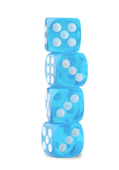 Stack of blue game dices on white background