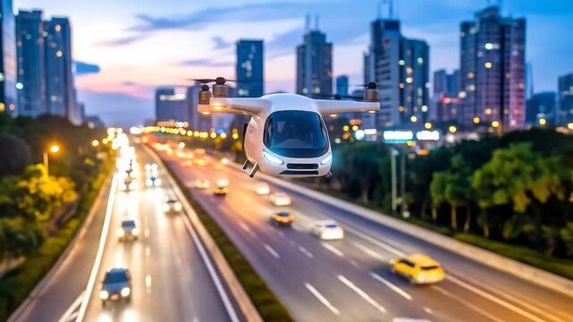 Futuristic Electric Air Taxi Flying Over Busy City Highway at Dusk.