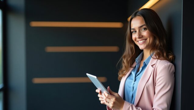 Smiling woman in pink blazer holding a tablet against a dark gray wall with light accents