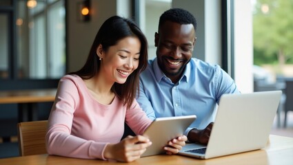 A smiling asian woman and an african american man looking at a tablet and a laptop together indoors