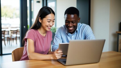 A smiling asian woman and african american man looking at a laptop and tablet on a wooden table