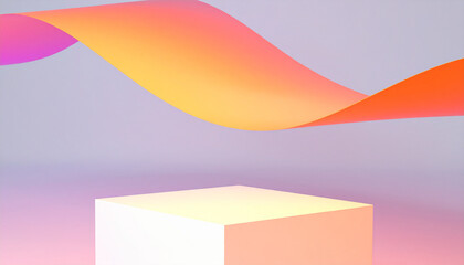 Obraz premium Abstract Podium with Ribbon: Minimalist composition features a pristine square podium under a vibrant ribbon, offering a sleek and modern presentation stage for showcasing products.