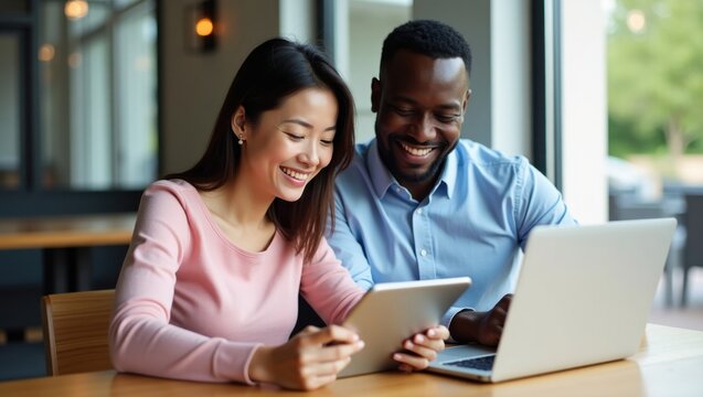 A smiling asian woman and an african american man looking at a tablet and a laptop together indoors