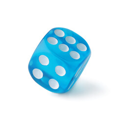 Blue game dice on white background