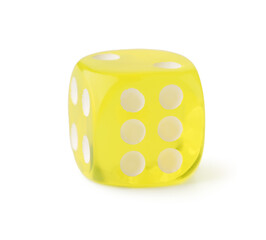 Yellow game dice on white background