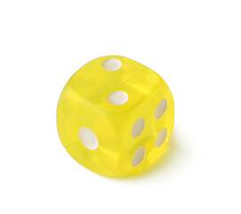 Yellow game dice on white background