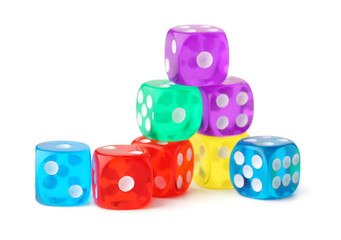 Many colorful game dices on white background