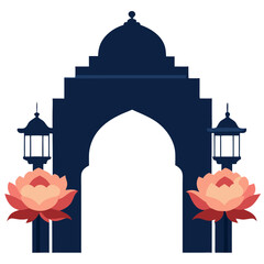 Elegant islamic archway with lanterns and lotus flowers on a dark background