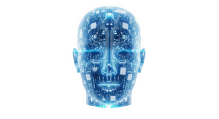 Futuristic glowing blue digital human head with intricate circuitry patterns isolated on transparent background