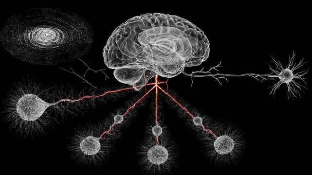 Graphic depiction of electrical signal disturbances spreading through brain synapses highlighting rabies encephalitis hydrophobia effects.