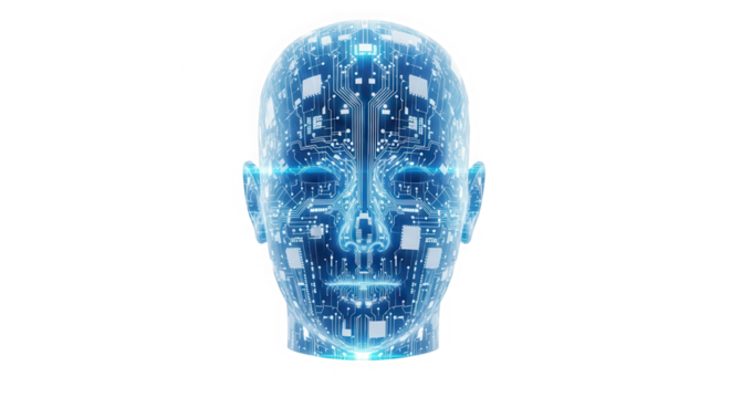 Futuristic glowing blue digital human head with intricate circuitry patterns isolated on transparent background