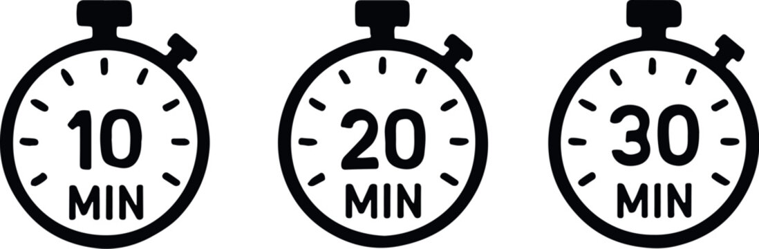 Set of Stopwatch Timers - 10, 20, 30 Minutes Icons