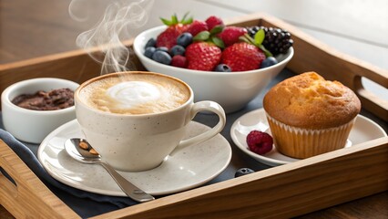 A wooden tray with a cup of coffee, muffin, berries, and a small bowl of chocolate spread on it