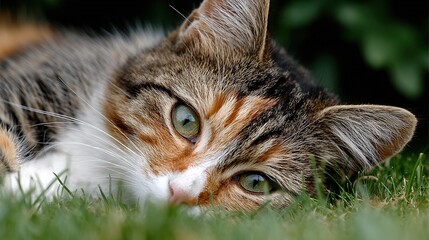  Quiet and Peaceful Scene of a Cat Lying in Soft Grass: Serenity in Nature's Embrace
