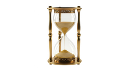 Elegant antique gold hourglass with flowing sand isolated on transparent background