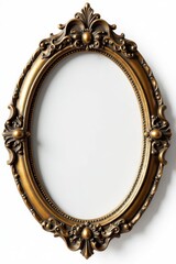 Antique oval brass picture frame, ornate metal Isolated , brass, oval frame