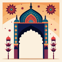 Ornate indian gateway with decorative flowers and lamps in warm earthy tones