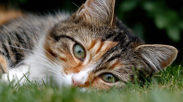  Quiet and Peaceful Scene of a Cat Lying in Soft Grass: Serenity in Nature's Embrace