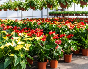 Fototapeta premium Greenhouse filled with colorful anthurium plants