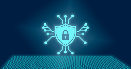 Cybersecurity Concept with Shield and Lock on a Circuit Board.
