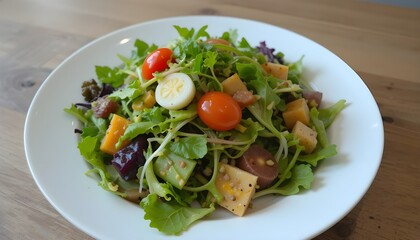 Fresh green salad with organic vegetables on a white plate
