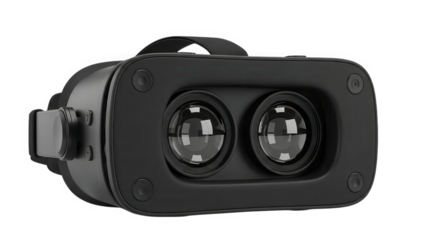 Close up view of a black virtual reality headset with dual lenses and adjustable strap isolated on transparent background