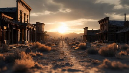 Eerie Western Ghost Town Cemetery at Sunset with Abandoned Buildings and Desert Landscape