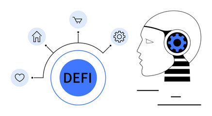 Human head with gear symbolizing AI, DEFI text at the center connected to icons for home, shopping, settings, love, finance. Ideal for technology, AI, blockchain innovation finance futuristic