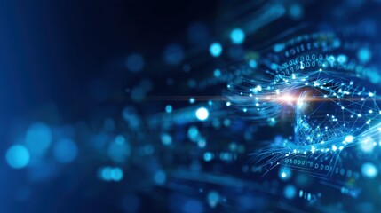 A futuristic, digital eye design featuring blue light and binary code, symbolizing technology and artificial intelligence.