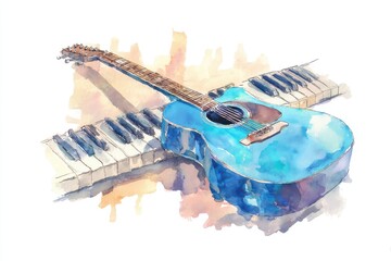 A vibrant watercolor illustration of a blue acoustic guitar placed alongside piano keys, blending musical elements in an artistic composition.