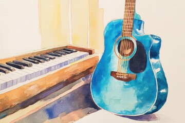 A watercolor painting featuring a blue acoustic guitar leaning against a piano, showcasing musical instruments in a vibrant, artistic setting.