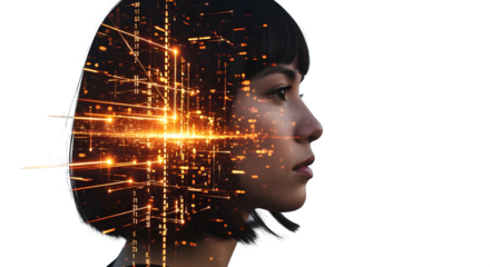 Innovative woman with digital data overlay for technology presentation, representing future thinking and artificial intelligence solutions