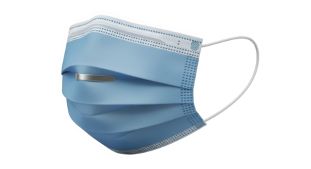 Close up view of a blue disposable medical face mask with ear loops isolated on transparent background