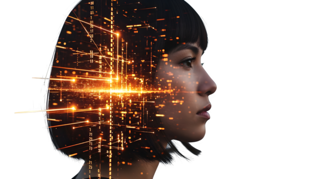 Innovative woman with digital data overlay for technology presentation, representing future thinking and artificial intelligence solutions